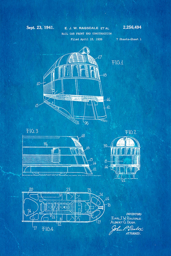 Train Photograph - Ragsdale Pioneer Zephyr Train  3 Patent Art 1941 Blueprint by Ian Monk