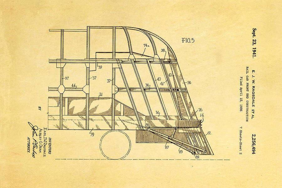 Train Photograph - Ragsdale Pioneer Zephyr Train 4 Patent Art 1941 by Ian Monk