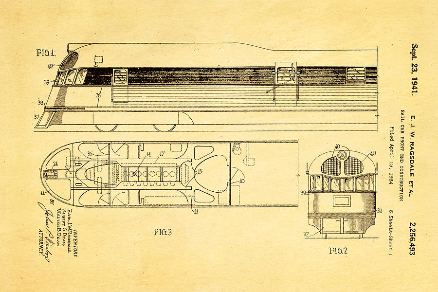 Train Photograph - Ragsdale Pioneer Zephyr Train Patent Art 1941 by Ian Monk