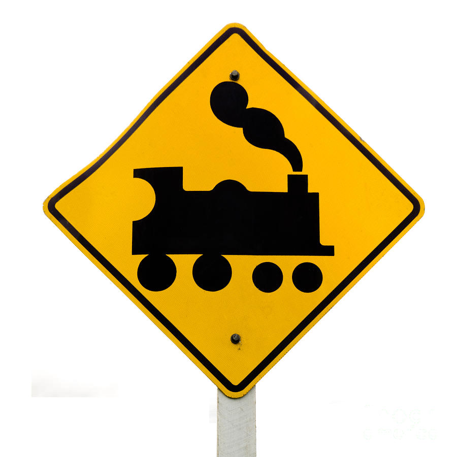 Railroad Crossing Steam Engine Roadsign On White Photograph