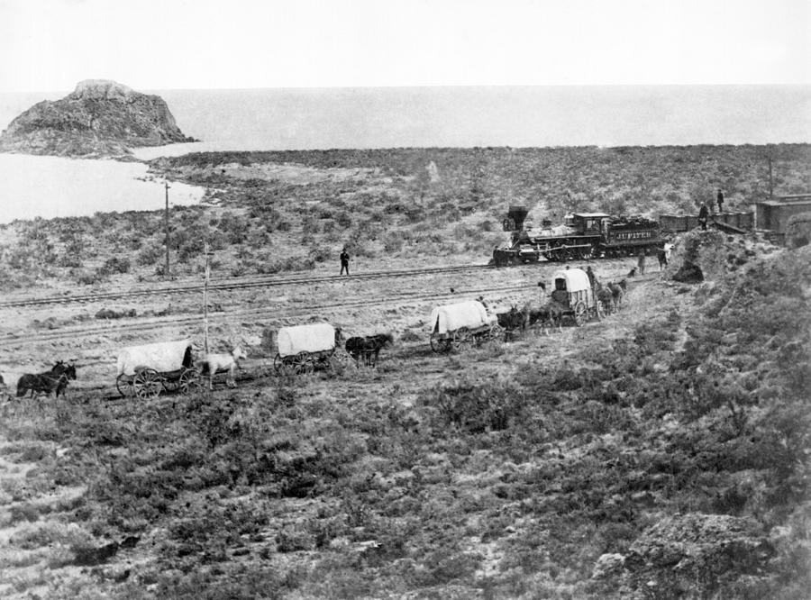 Salt Lake City Photograph - Railroad Meets Wagon Train by Underwood Archives