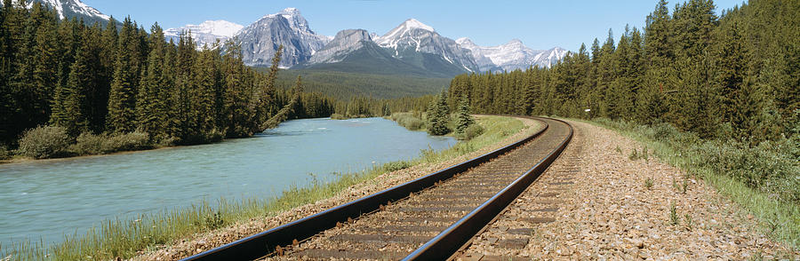 Transportation Photograph - Railroad Tracks Bow River Alberta Canada by Panoramic Images