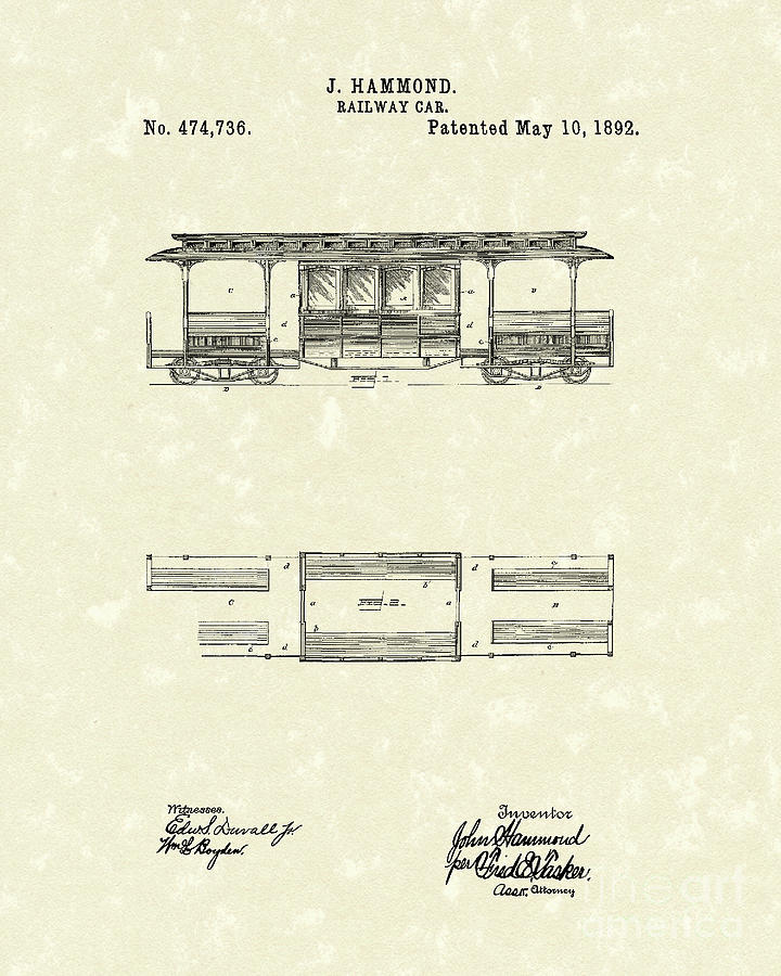 Hammond Drawing - Railway Car 1892 Patent Art by Prior Art Design