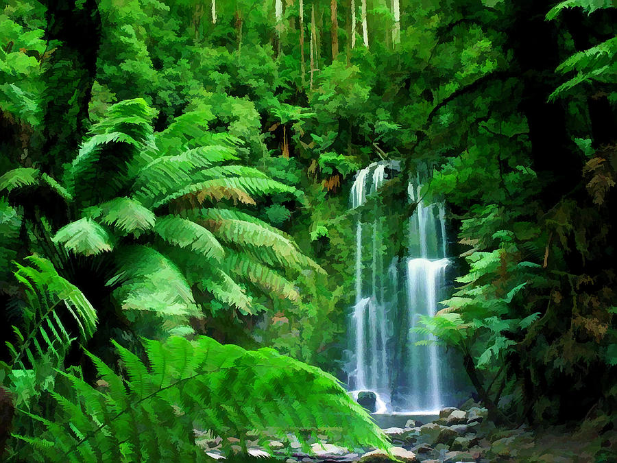 Rain Forest and Waterfall Painting by Elaine Plesser - Fine Art America