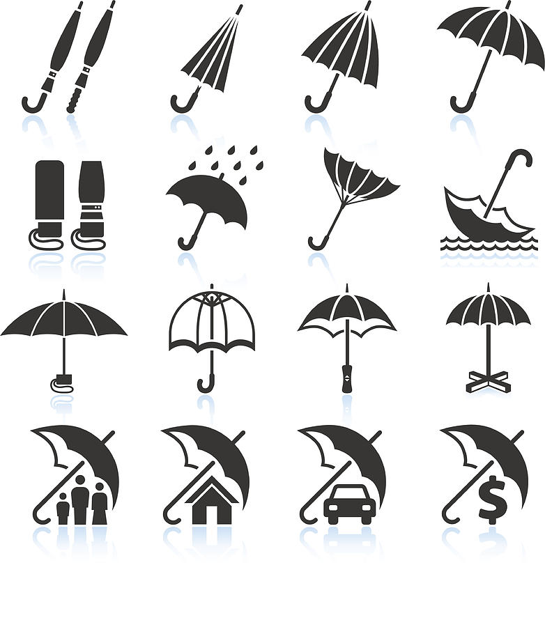 Rain Umbrella Protection and insurance royalty free vector icon set Drawing by Bubaone