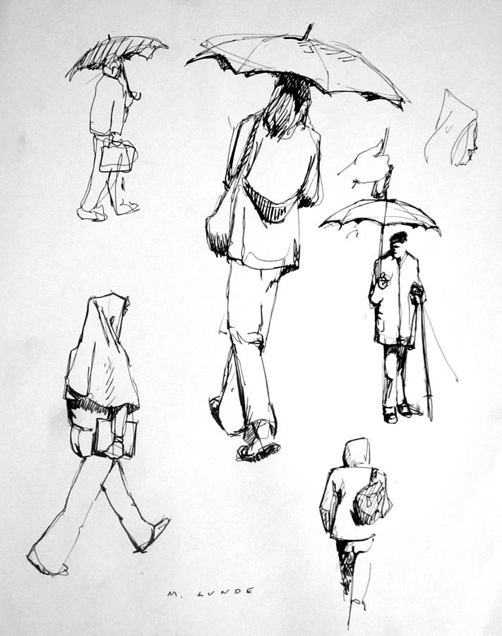 Rain Walkers Drawing by Mark Lunde