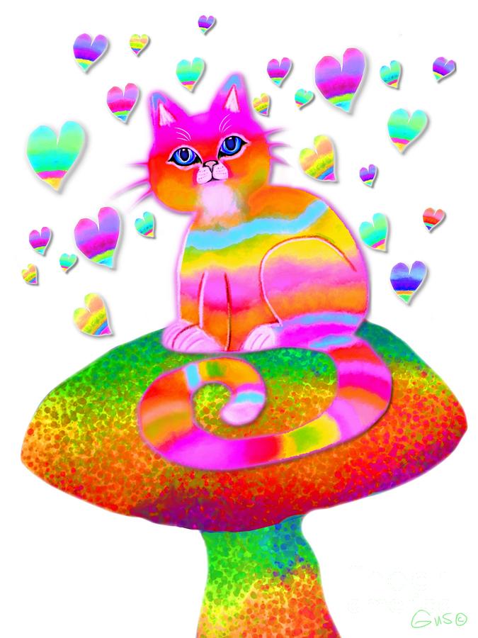 Rainbow cat hearts and mushrooms Painting by Nick Gustafson