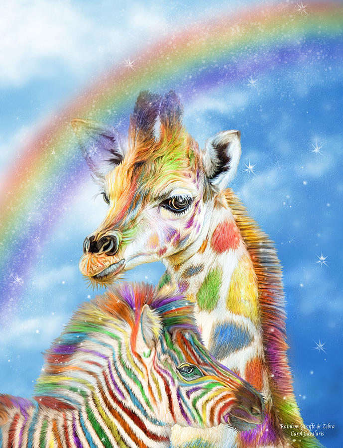Rainbow Giraffe And Zebra Mixed Media by Carol Cavalaris
