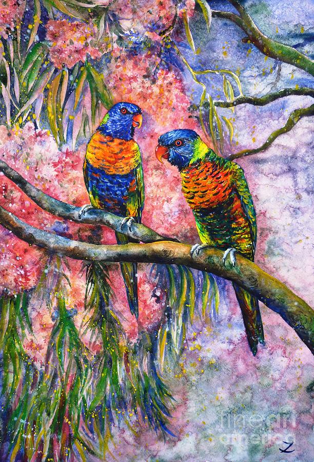 Bird Painting - Rainbow Lorikeets by Zaira Dzhaubaeva