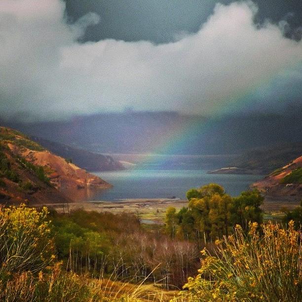 Nature Photograph - Rainbow Over Jordanelle  #rainbow #lake by Cheryl Marie