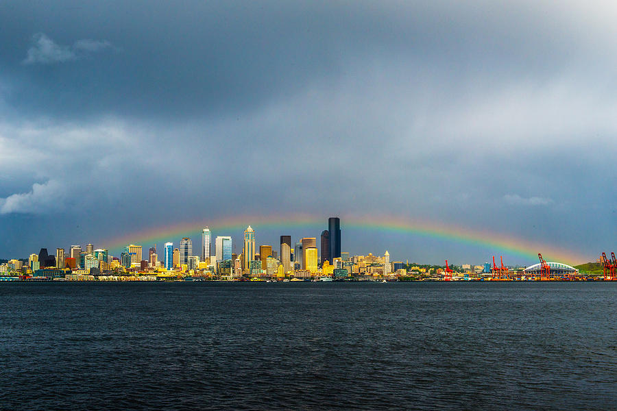 Rainbow over Seattle skyline Photograph by Hisao Mogi
