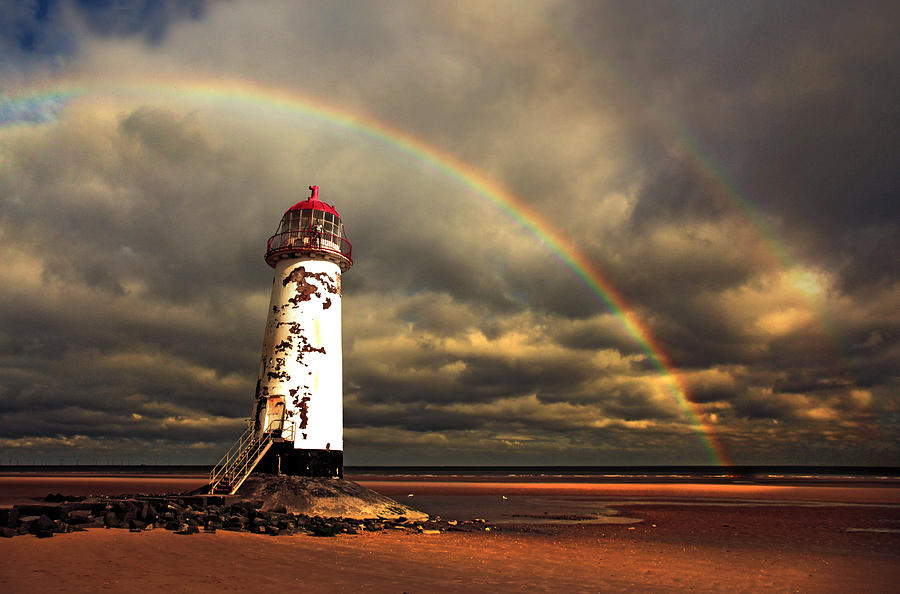 Lighthouse Photograph - Rainbow over Talacre Lighthouse by Mal Bray