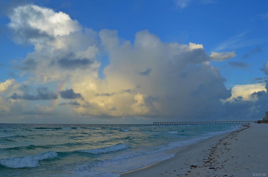 Rainbow Producing Cumulonimbus Rain Shower on the Gulf off Navarre Beach Photograph by Jeff at JSJ Photography