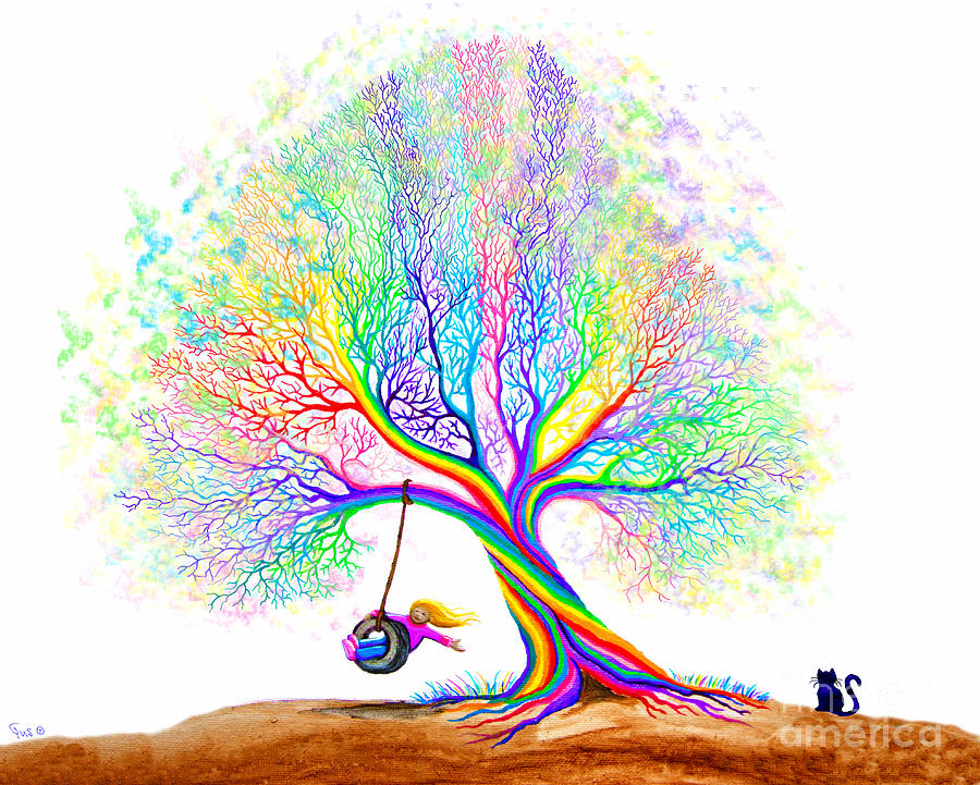 Cat Painting - Rainbow Tree Fun by Nick Gustafson