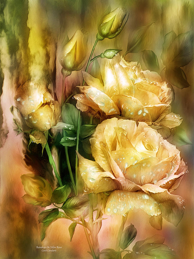 Raindrops On Yellow Roses Mixed Media by Carol Cavalaris