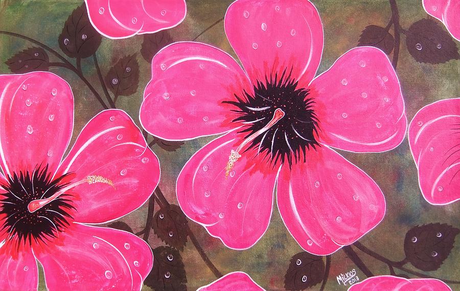 Rainey Day Pink Hibiscus Painting by Cindy Micklos