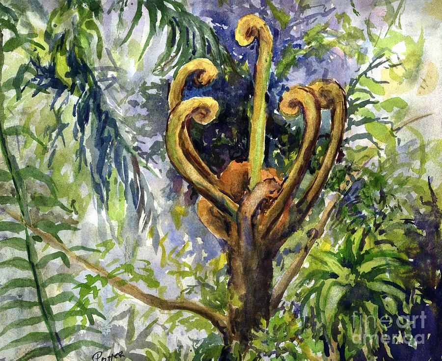 Rainforest Tree Fern Unfurling Painting by Virginia Potter