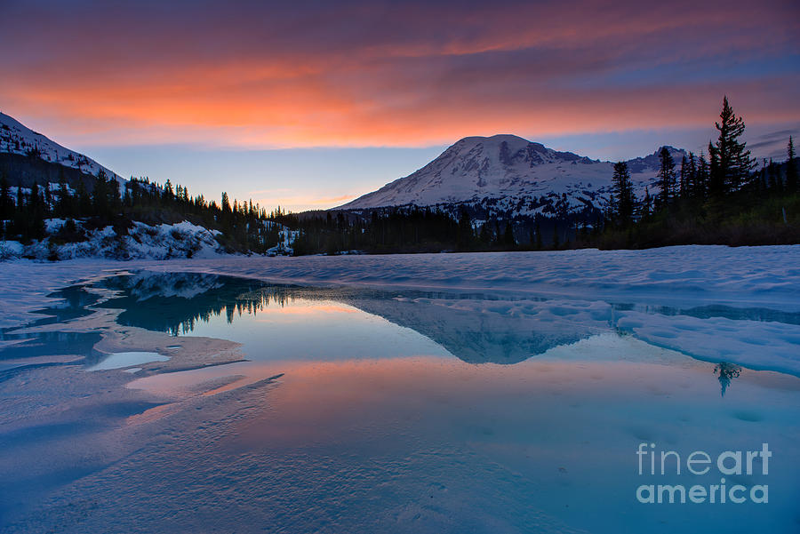 Mount Rainier Photograph - Rainier Snowbound Lake Sunset Skies by Mike Reid