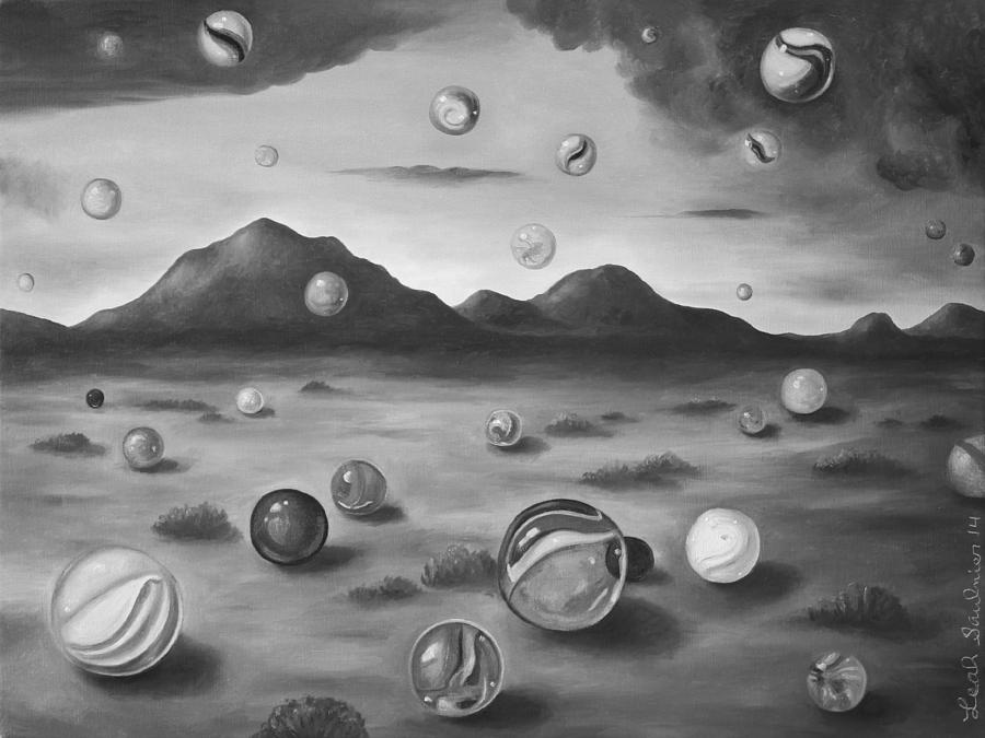 Surrealism Painting - Raining Marbles bw by Leah Saulnier The Painting Maniac