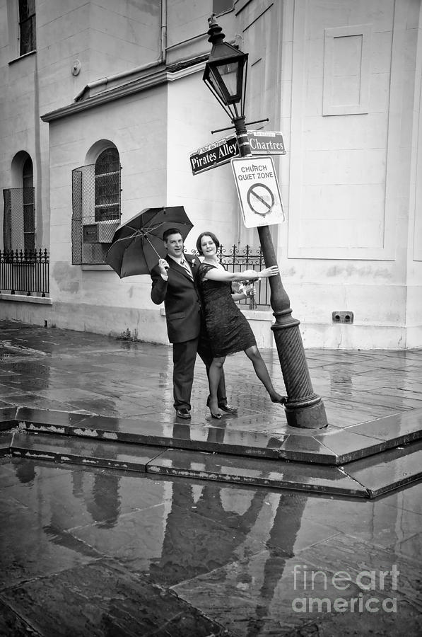 Rainy Day at Pirates Alley Lamppost-bw Photograph by Kathleen K Parker
