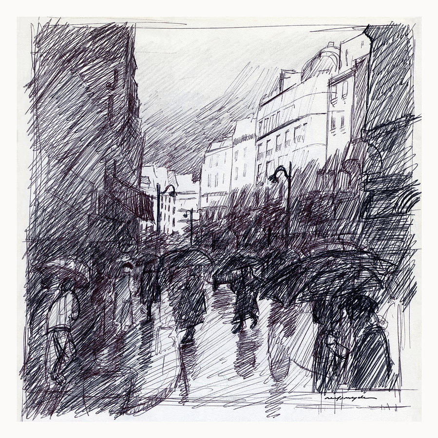 Rainy Day Paris Drawing by J Reifsnyder