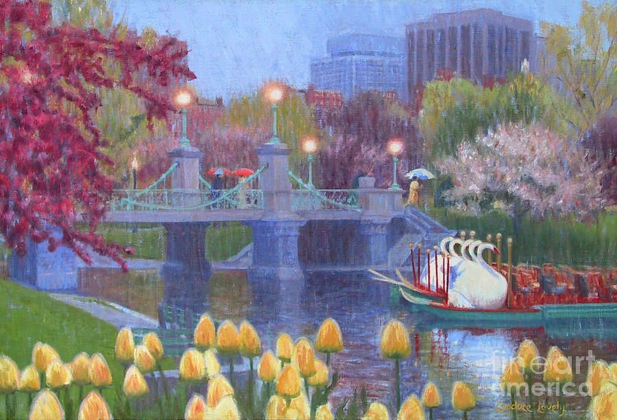 Boston Public Garden Painting - Rainy Day Boston Swan Boat Pond by Candace Lovely