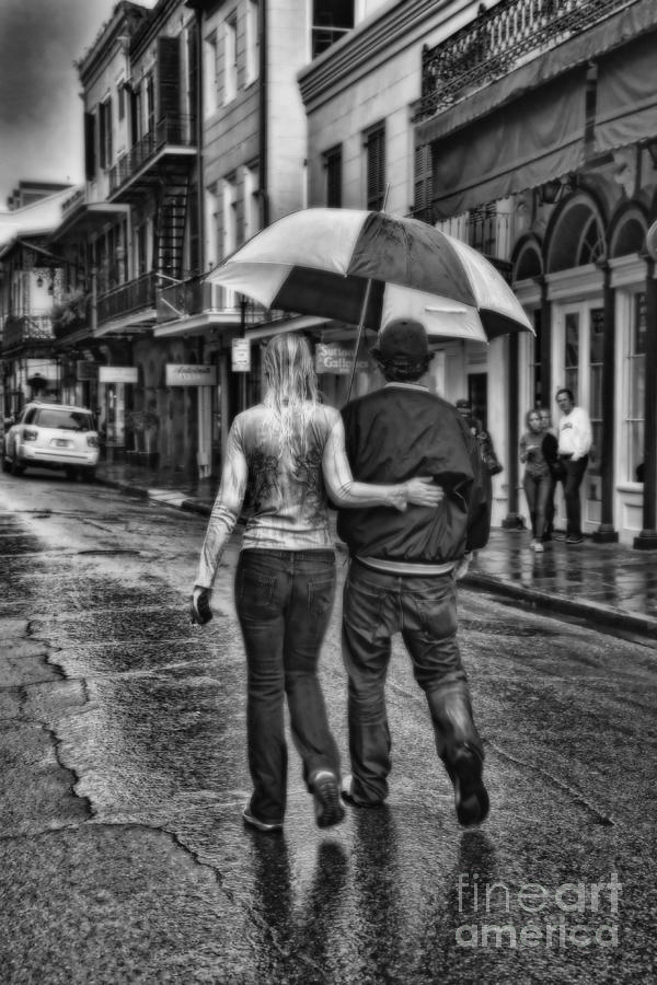Rainy French Quarter Stroll  in black and white Photograph by Kathleen K Parker