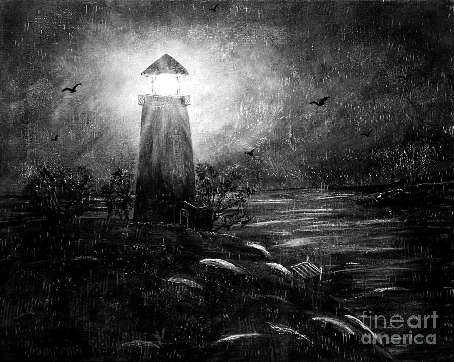 Rainy Night at the Lighthouse Painting by Barbara A Griffin