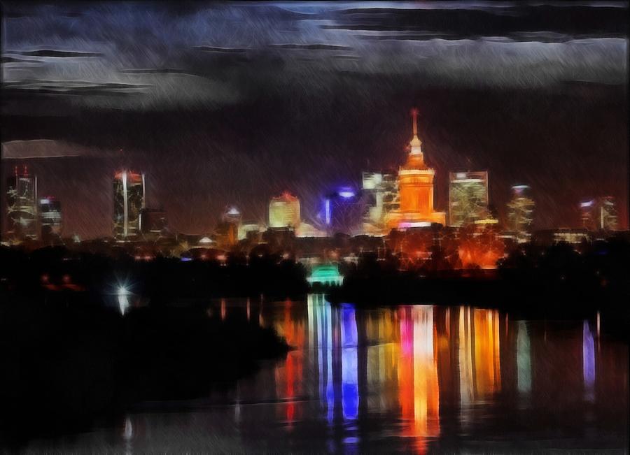 Rainy Night in Warsaw - Poland Painting by Maciek Froncisz