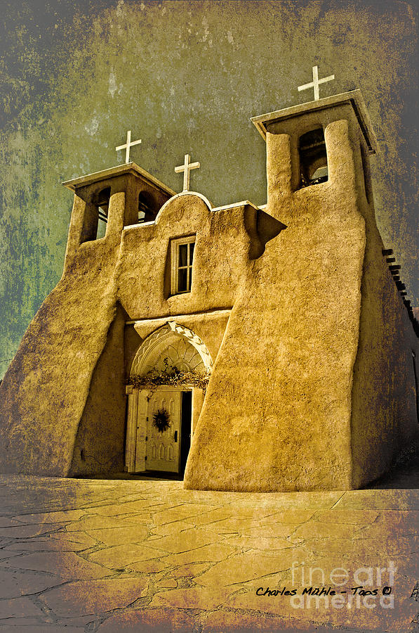 Ranchos church in old gold Mixed Media by Charles Muhle