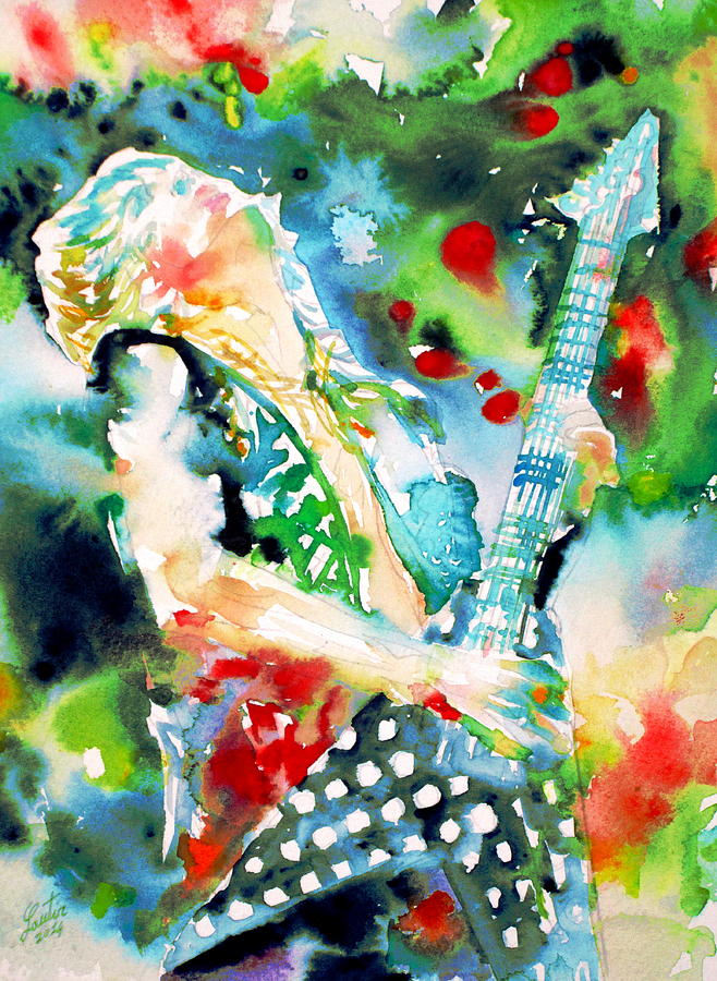 RANDY RHOADS playing the GUITAR - watercolor portrait Painting by Fabrizio Cassetta