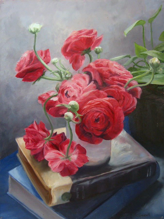 Ranunculus on Books Painting by Connie Schaertl
