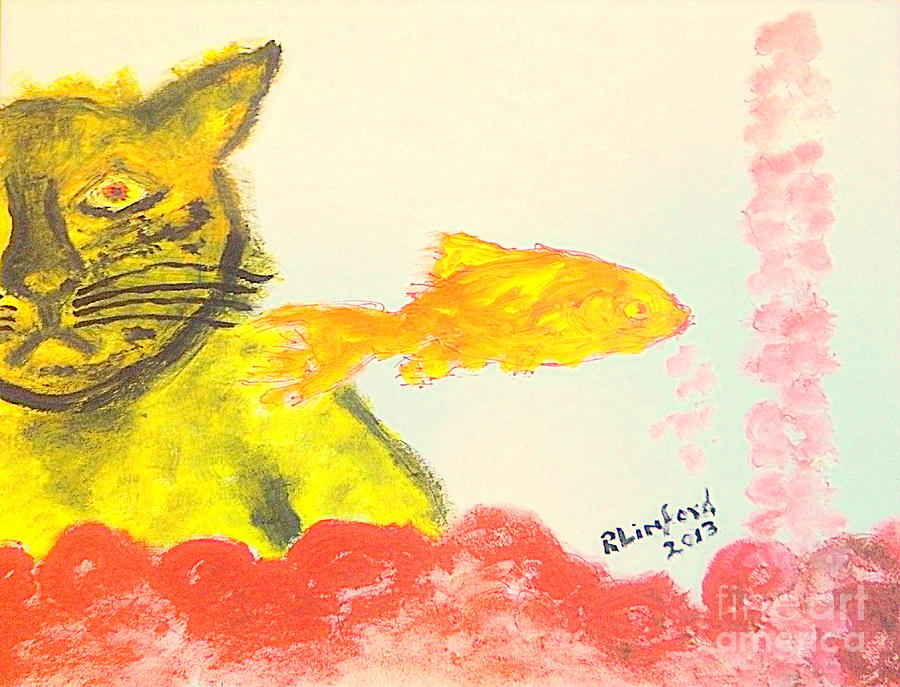 Rapacious Cat Complacent Goldfish 1 Painting by Richard W Linford