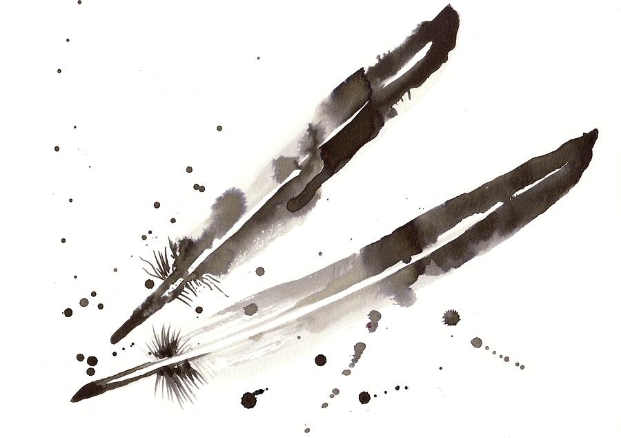 Black And White Painting - Raven Crow Feathers by Tiberiu Soos