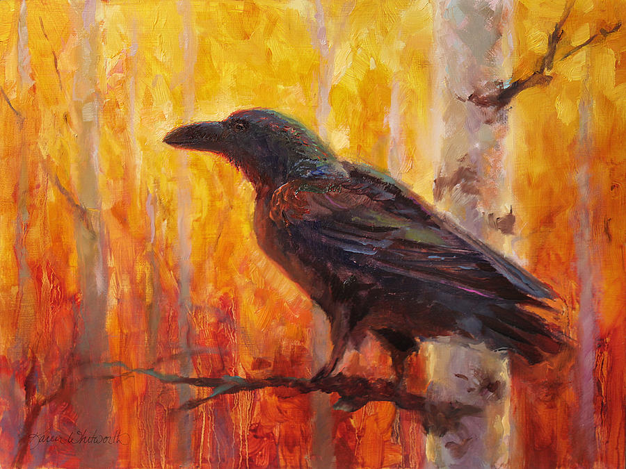 Fall Painting - Raven Glow Autumn Forest of Golden Leaves by K Whitworth