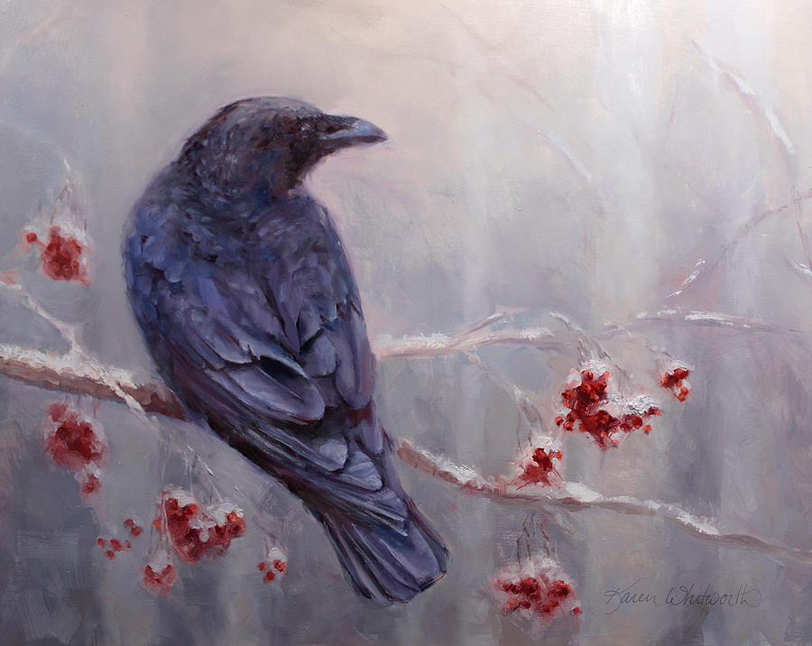 Winter Painting - Raven in the Stillness - Black bird or crow resting in winter forest by K Whitworth