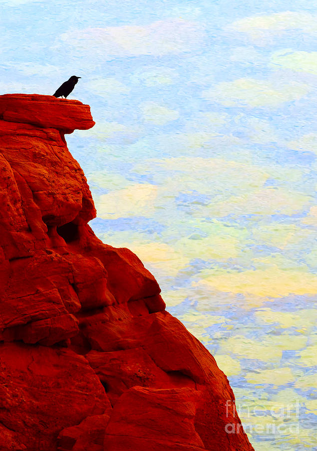 Raven on a red cliff - V2 Photograph by Les Palenik