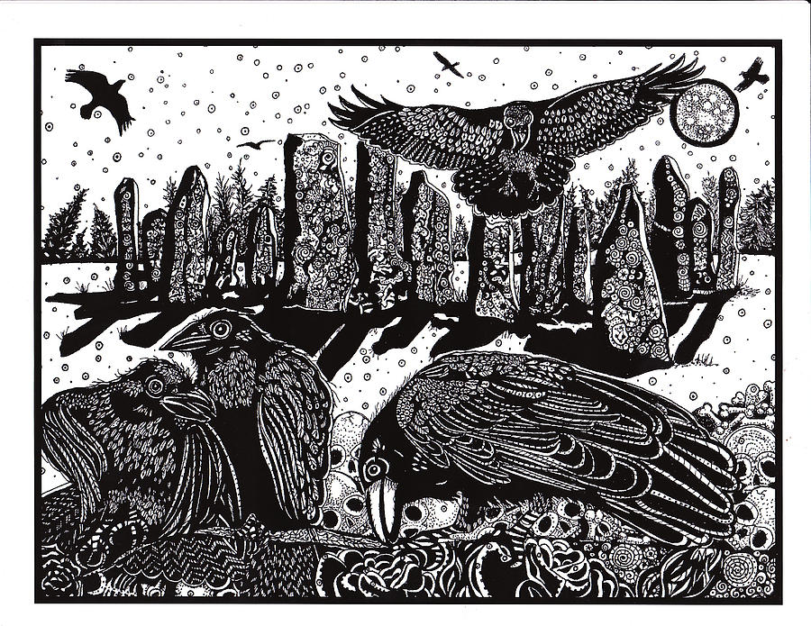 Black And White Painting - Ravens at Standing Stones by Judy Moon