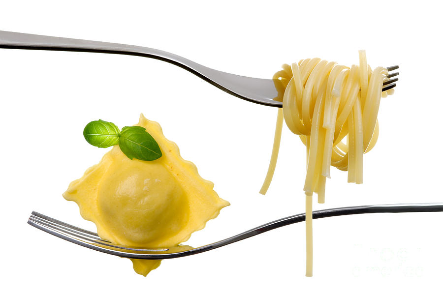 Ravioli Pasta Parcel And Spaghetti On Fork White Background Photograph by Lee Avison