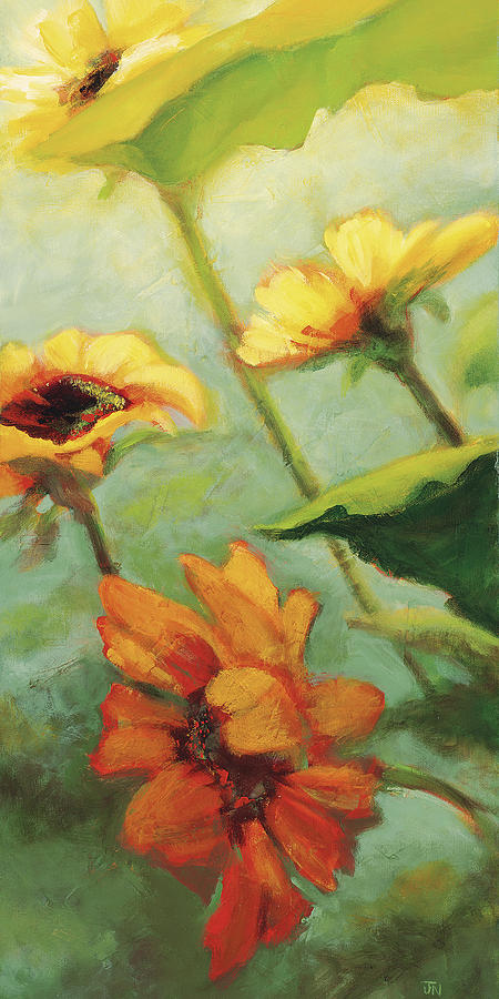 Sunflower Painting - Sunflowers on Cool Green by Jen Norton