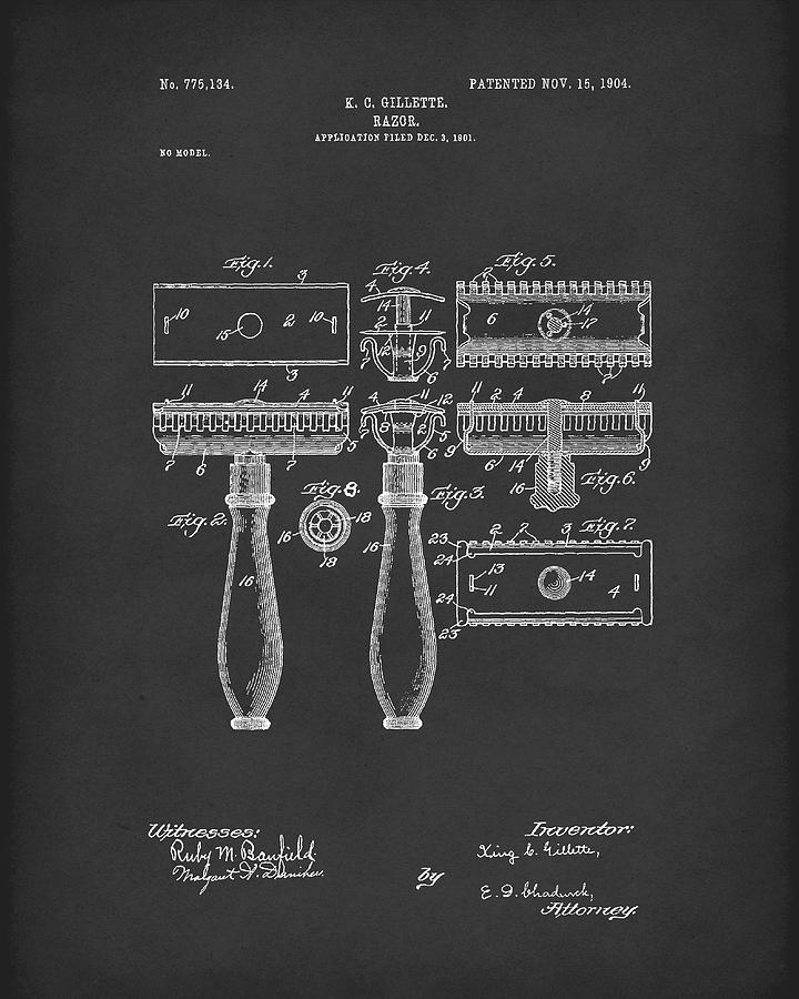 Razor 1904 Patent Art Black Drawing by Prior Art Design