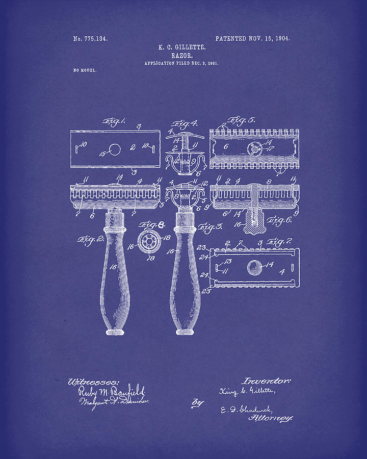 Razor 1904 Patent Art Blue Drawing by Prior Art Design