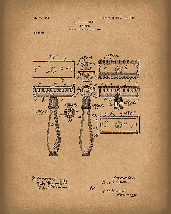 Gillette Drawing - Razor 1904 Patent Art Brown by Prior Art Design