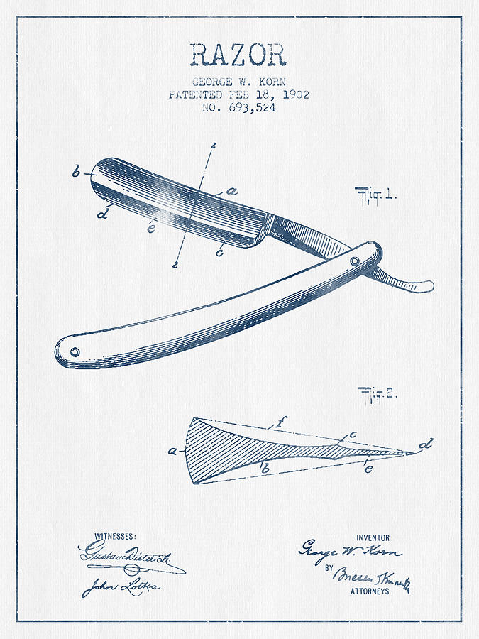 Vintage Digital Art - Razor Patent from 1902 - Blue Ink by Aged Pixel