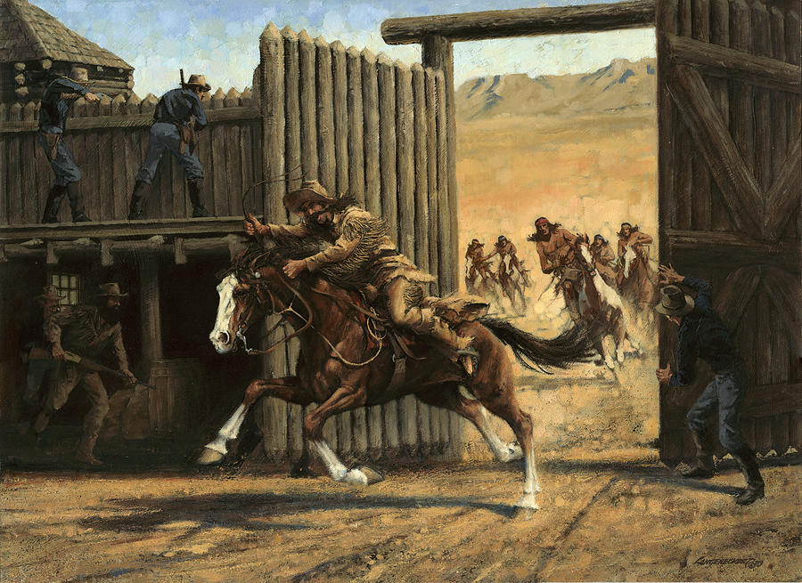 Horse Painting - Re-closing Frontiersmen Coming into the Fort by Don  Langeneckert
