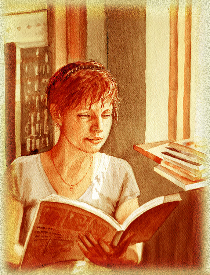 Reading A Book Vintage Style Painting by Irina Sztukowski