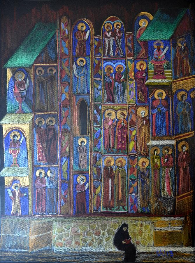 Colored Pencils Painting - Reading from the Bible at Sucevita monastery by Elena Malec