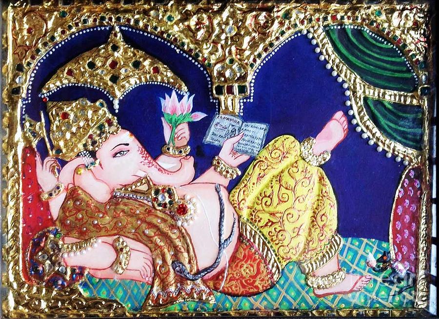 Tanjore Painting - Reading Ganesha by Jayashree