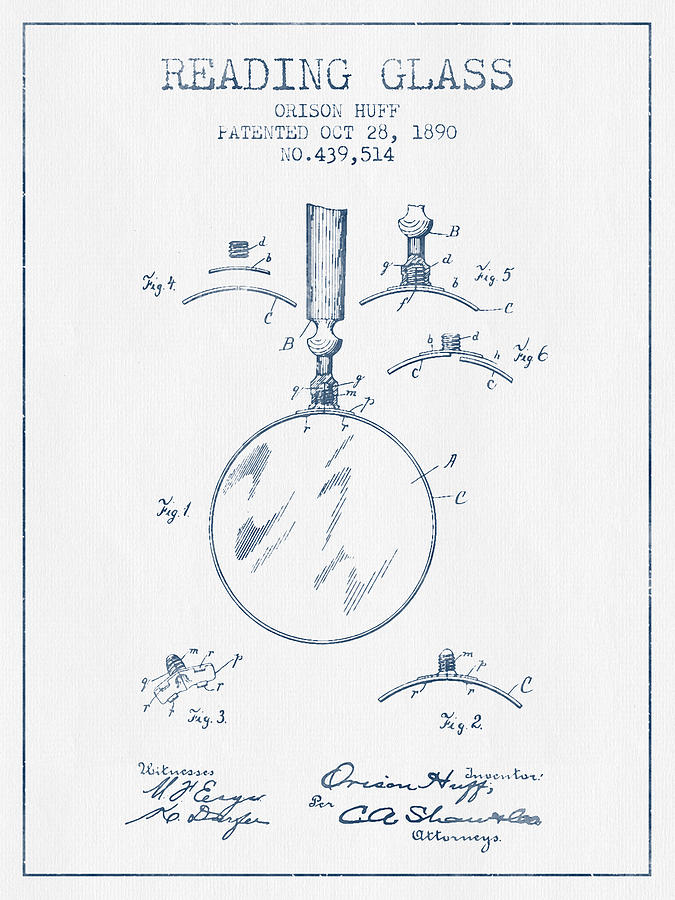 Vintage Digital Art - Reading Glass Patent from 1890- Blue Ink by Aged Pixel