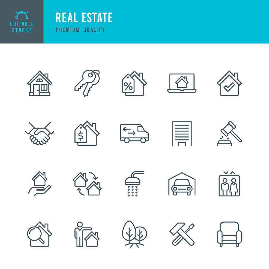 Real Estate - set of thin line vector icons Drawing by Fonikum